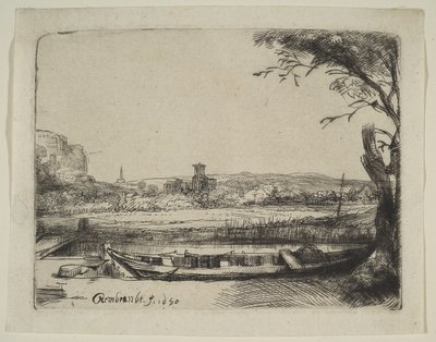 قناة بقارب كبير وجسر ، 1650. بواسطة رامبرانت فان راين