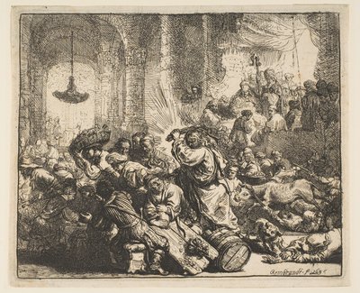 المسيح يقود الصيارفة من المعبد ، 1635. بواسطة رامبرانت فان راين