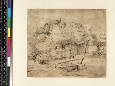 مزرعة تحت الأشجار ، مع جسر للمشاة ، c.1650 (قلم وحبر مع غسيل على الورق) بواسطة رامبرانت فان راين