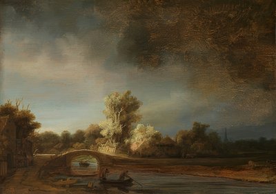 منظر طبيعي مع جسر حجري. حوالي 1638 بواسطة رامبرانت فان راين