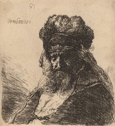 رجل عجوز ملتح يرتدي قبعة عالية الفراء ، وعيناه مغلقتان ، ج. 1635. بواسطة رامبرانت فان راين