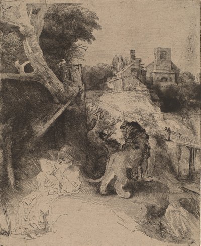 القديس جيروم يقرأ في منظر طبيعي إيطالي ، ج. 1653. بواسطة رامبرانت فان راين