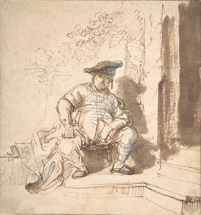 رجل جالس يرتدي قبعة مسطحة ، 1635-40. بواسطة رامبرانت فان راين