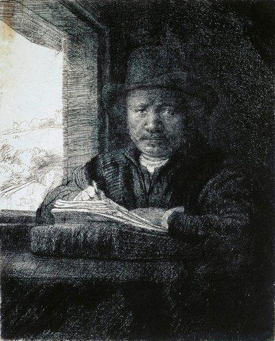 رسم بورتريه ذاتي بواسطة نافذة ، 1648. بواسطة رامبرانت فان راين