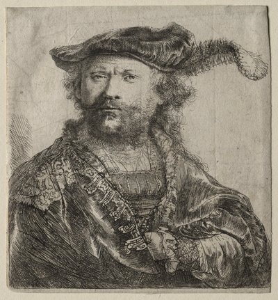 صورة ذاتية في غطاء مخملي مع عمود ، 1638. بواسطة رامبرانت فان راين