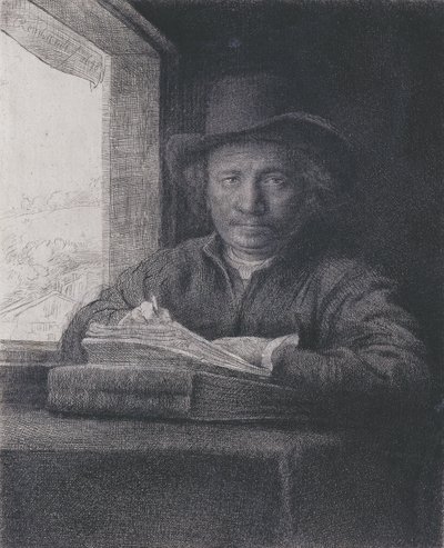 صورة ذاتية ، النقش عند النافذة ، 1648 (النقش والنقش على ورق مسدود) بواسطة رامبرانت فان راين