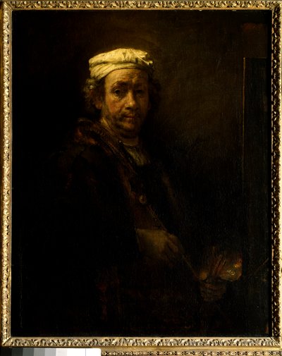 صورة شخصية على الحامل. لوحة لرامبرانت هارمنزون فان راين ديت رامبرانت (1606-1669) إي سي. أجوف. بواسطة رامبرانت فان راين