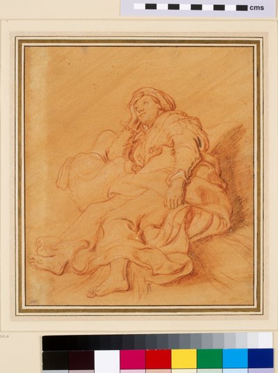 دراسة شكل راشيل عام 1621 (طباشير أحمر مع طباشير أسود وأبيض على ورق برتقالي مُعد) بواسطة رامبرانت فان راين