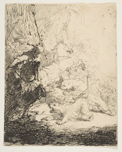 صيد الأسد الصغير ، مع أسدين ، كاليفورنيا. 1632. بواسطة رامبرانت فان راين