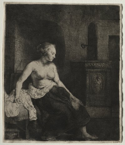امرأة تجلس نصف يرتدي بجانب موقد ، 1658. بواسطة رامبرانت فان راين