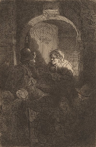 امرأة عند فتحة الباب تتحدث إلى رجل وأطفال مدير المدرسة ، 1641. بواسطة رامبرانت فان راين