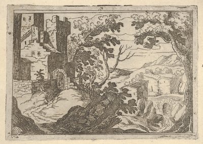 المناظر الطبيعية مع المباني إلى اليسار وجسر على اليمين أدناه ، كاليفورنيا. 1620-50. بواسطة ريميجيو كانتاجالينا