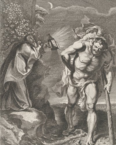 القديس كريستوفر يحمل المسيح الطفل عبر جدول ، رجل آخر يحمل ... ، كاليفورنيا. 1636-80. بواسطة ريمولدوس اينهودتس