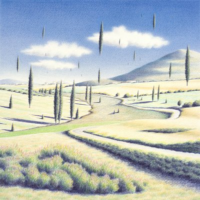 أشجار توسكان، 2005، رسم بالقلم الرصاص الملون على الورق بواسطة رينيه بوين