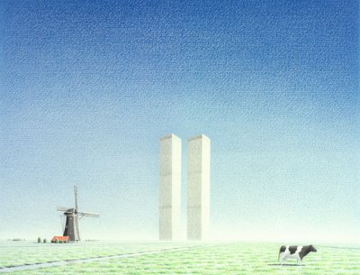 البرجين التوأمين، 2001، رسم بالقلم الرصاص الملون على الورق بواسطة رينيه بوين