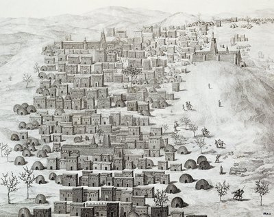 منظر لمدينة تمبكتو ، مالي ، نقش من رحلات عبر وسط إفريقيا إلى تمبكتو بقلم رينيه كايلي (1799-1838) بين عامي 1824 و 1828 ، إفريقيا بواسطة رينيه كايلي