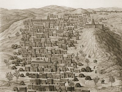 منظر لجزء من بلدة تمبكتو من تل ، رسم توضيحي من Journal dun Voyage a Tombouctou et a Jenne ، 1830 بواسطة رينيه كايلي