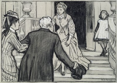 الزيارة ، رسم توضيحي من La Jeune Fille Bien Elevee بقلم رينيه بويلزف (طباشير سوداء وبيضاء على ورق) بواسطة رينيه فرانسوا كزافييه برينيت