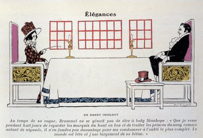 تمثيل بيو بروميل (جورج بريان بروميل) (1778-1840) أمام السيدة ستانهوب ، ولّد تعبير "داندي" ولعب دورًا مهمًا في أزياء الرجال (الطباعة الحجرية) بواسطة رينيه فنسنت