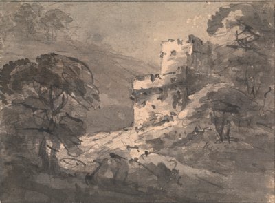 منظر طبيعي مع قلعة مدمرة على اليمين بواسطة Rev. William Gilpin