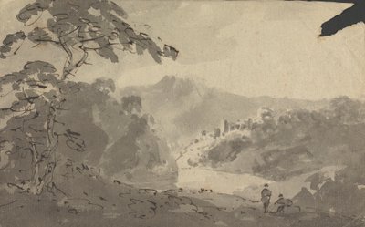 رجلان ينظران إلى منظر طبيعي بقلعة ونهر وجبل مشهد بواسطة Rev. William Gilpin