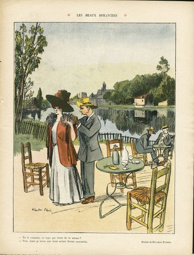 رسم توضيحي لـ Ricardo Flores (1878-1918) في Le Rire ، 04/07/08 - أيام الأحد الجميلة - الترفيه ، والنباتات الطبيعية ، والعمارة العمرانية ، ومقاهي المطاعم ، والبحر البحري البحري بواسطة ريكاردو فلوريس