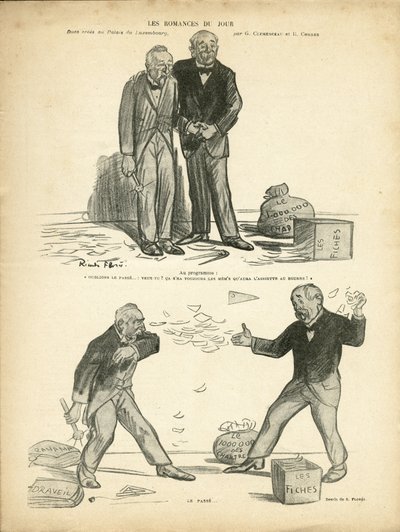 رسم توضيحي لريكاردو فلوريس (1878-1918) في Le Rire ، 28/12/12 - قصة اليوم الرومانسية - حالة بنما ، حالة السجلات ، القمع - مليون من شارترو - كومبس إميل (1835-1921) ، كليمنصو جورج بواسطة ريكاردو فلوريس