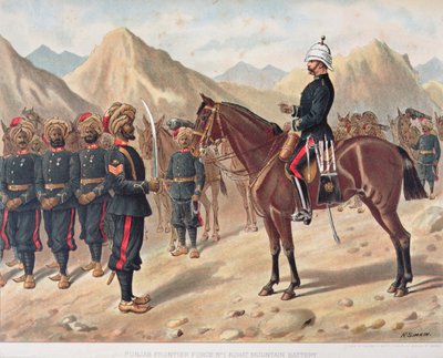 قوة Punjab Frontier Force رقم 1 Kohat Mountain Battery ، الجيش الأنجلو هندي في ثمانينيات القرن التاسع عشر (لون ليثو) بواسطة ريتشارد (بعد) سيمكين