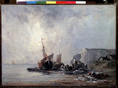 "" القوارب على شاطئ نورماندي "(قوارب على شاطئ نورماندي) لوحة لريتشارد باركس بونينجتون (1802-1828) 1823-1824 قاتمة 33x46 سم سانت بطرسبرغ ، متحف هيرميتاج بواسطة ريتشارد بونينجتون