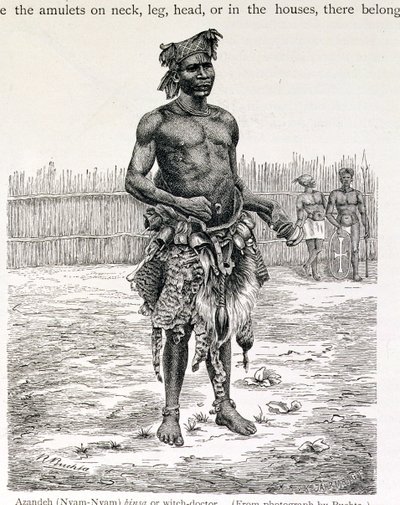 Azandeh (Nyam-Nyam) Binsa أو Witch Doctor ، نقشها Jahrmargt ، من "تاريخ البشرية" للأستاذ فريدريش راتزيل ، حانة. عام 1904 (نقش) بواسطة ريتشارد بوكتا