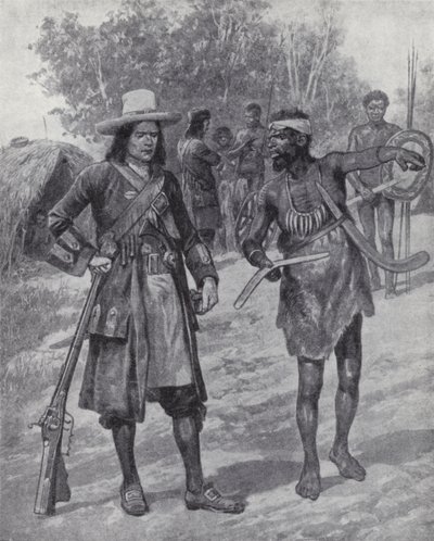 William Dampier with an indigenous man during his exploration of Australia, late 17th century (litho) بواسطة ريتشارد كاتون الثاني (بعد) وودفيل