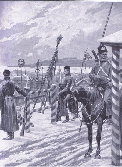 محطة قوزاق في منشوريا مع لافتات قبلية فوق أكواخ الرجال ، صورة توضيحية من Casells History of Russo-Japanese War Vol 1 ، c.1900 بواسطة ريتشارد كاتون وودفيل