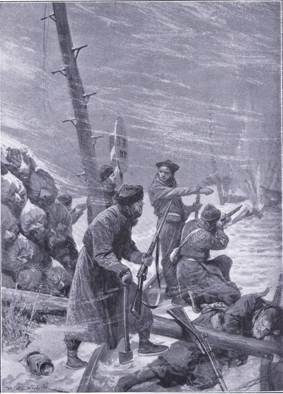 الهجوم على السكة الحديد من قبل Chunchuses ، التوضيح من Casells History of Russo-Japanese War Vol 1 ، c.1900 بواسطة ريتشارد كاتون وودفيل
