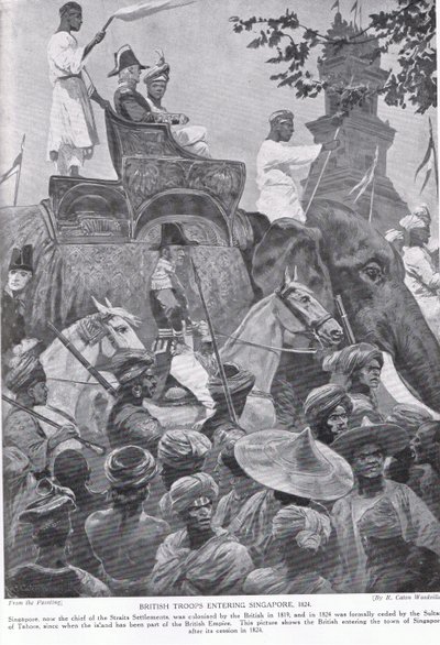 القوات البريطانية تدخل سنغافورة ، 1824 ، رسم توضيحي من "قصة هتشنسون للأمة البريطانية" بواسطة ريتشارد كاتون وودفيل