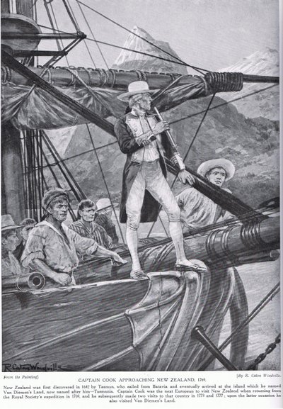 الكابتن كوك يقترب من نيوزيلندا ، رسم توضيحي من "قصة هتشنسون عن الأمة البريطانية" ، ج .1923 بواسطة ريتشارد كاتون وودفيل