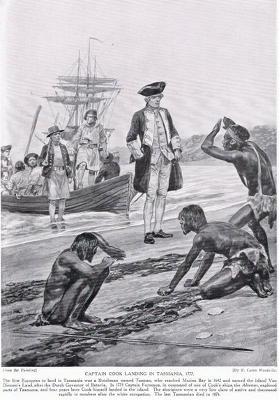 الكابتن كوك ينزل في تسمانيا ، 1777 ، رسم توضيحي من "قصة هتشنسون للأمة البريطانية" ، ج .1923 بواسطة ريتشارد كاتون وودفيل