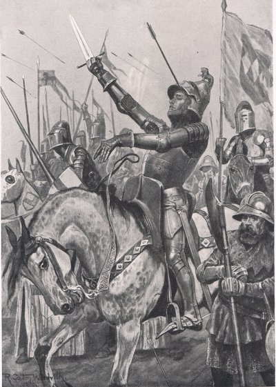 وفاة هنري هوتسبر ، 21 يوليو 1403 ، رسم توضيحي من "المعارك البريطانية في البر والبحر" ، نشره كاسيل ، لندن ، ج .1910 بواسطة ريتشارد كاتون وودفيل