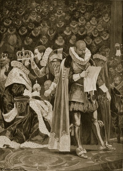 The Homage، the Largesse and General Pardon at the Coronation of James I and Anne of Denmark، 25 يوليو، 1603، from &39;The Illustrated London News، 1902 بواسطة ريتشارد كاتون وودفيل