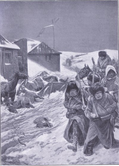 المسيرة التي لا تنتهي شرقاً: مشهد مألوف في الطريق ، رسم توضيحي من Casell History of Russo-Japanese War Vol 1 ، c.1900 بواسطة ريتشارد كاتون وودفيل
