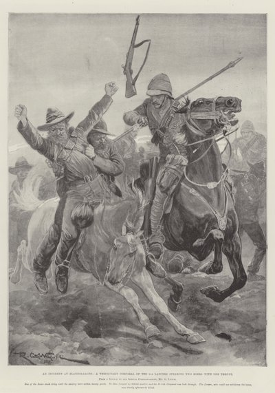 حادثة في Elandslaagte ، عريف بيطري من لانسر الخامس يقذف اثنين من البوير مع دفعة واحدة بواسطة Richard Caton Woodville junior
