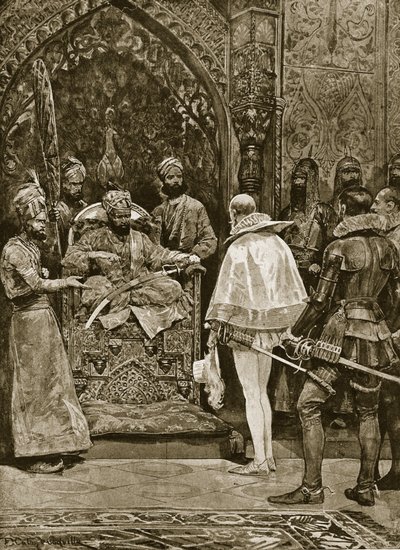 سفارة إنجليزية مبكرة إلى الهند ، 1599 ، رسم توضيحي من "قصة هتشنسون للأمة البريطانية" ، ج .1923 بواسطة ريتشارد كاتون وودفيل جونيور