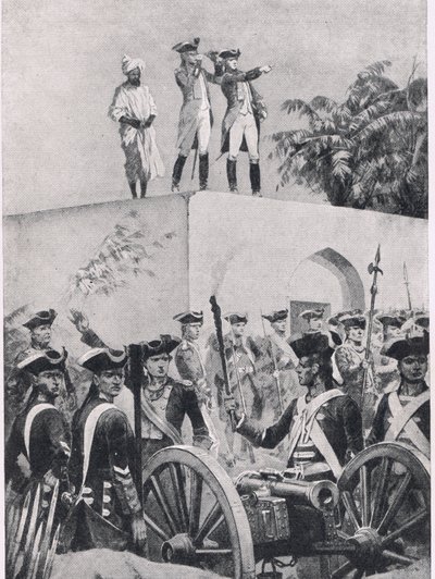 معركة بليسي ، 23 يونيو 1757: كليف على سطح كوخ الصيد نواب سورات - داولس ، التوضيح من المعارك البريطانية في البر والبحر ، 1915 بواسطة ريتشارد كاتون وودفيل جونيور