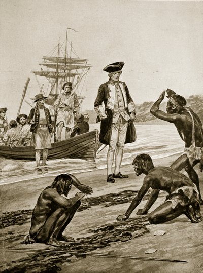 الكابتن كوك ينزل في تسمانيا ، 1777 ، رسم توضيحي من "قصة هتشنسون للأمة البريطانية" ، ج .1923 بواسطة ريتشارد كاتون وودفيل جونيور