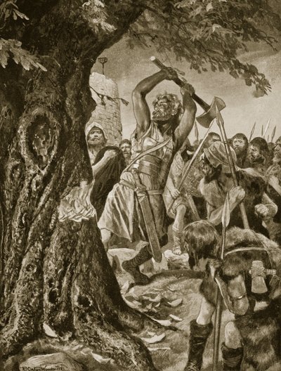 ملاخي قطع شجرة تتويج مونستر عام 982 ، رسم توضيحي من "قصة هتشنسون للأمة البريطانية" ، ج .1923 بواسطة ريتشارد كاتون وودفيل جونيور