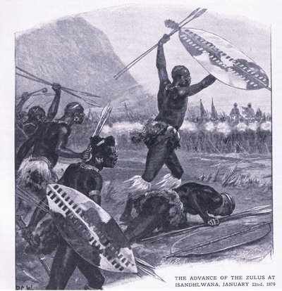 تقدم ال Zulus في Isandhlwana 22 يناير 1879 ، التوضيح من المعارك البريطانية على البر والبحر ، 1915 بواسطة Richard Caton Woodville junior