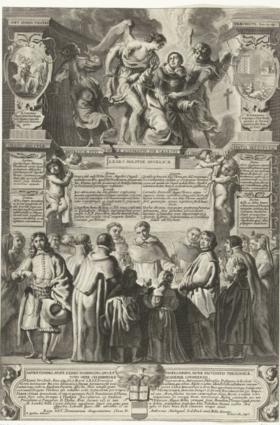 غرس فان دي broederschap ميليشيا أنجليكا من توماس الأكويني ، 1649 أصل الميليشيا الملائكية ، الإلهي توما الأكويني ؛ تحت حزام العفة السماوي ، تم تأسيسه (العنوان على الشيء) بواسطة ايراسموس كولينوس (الثاني)