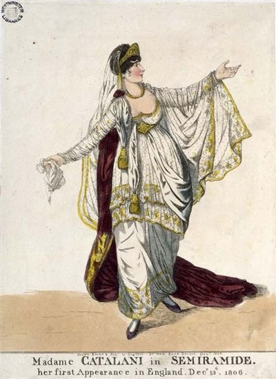 مدام كاتالاني في فيلم "Semiramide" ، أول ظهور لها في إنجلترا ، ١٣ ديسمبر ١٨٠٦ (نقش ملون) بواسطة ريتشارد دايتون