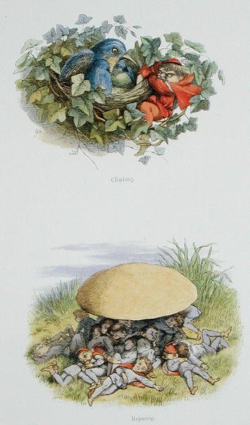 التسلق والإعادة ، الرسوم التوضيحية من "In Fairyland: A Series of the Elf-World" بواسطة William Allingham and Andrew Lang (color litho) بواسطة ريتشارد دويل