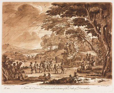 Liber Veritatis: No. 108، Landscape with Satyrs and Nymphs Dancing. ليبر فيريتاتيس: رقم 108 ، منظر طبيعي مع رقص الإغراءات والحوريات بواسطة بعد كلود لورين