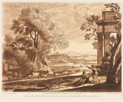 Liber Veritatis: No. 133، A Landscape، with Cattle، and Angel Comforting Hagar، 1776. بواسطة ريتشارد إيرلوم